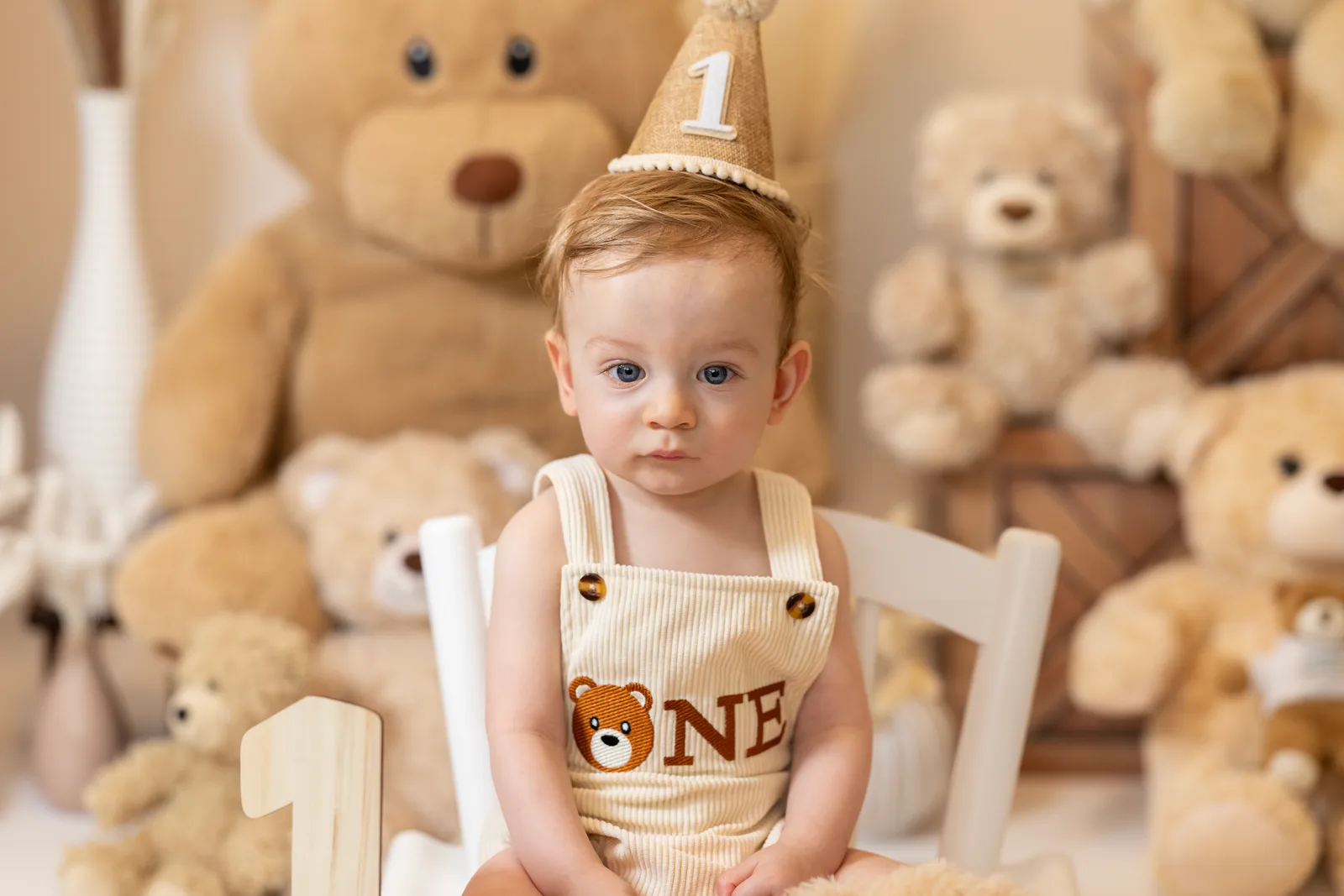 Baby wearing a birthday hat and 'ONE' overalls, sitting in a chair among teddy bears